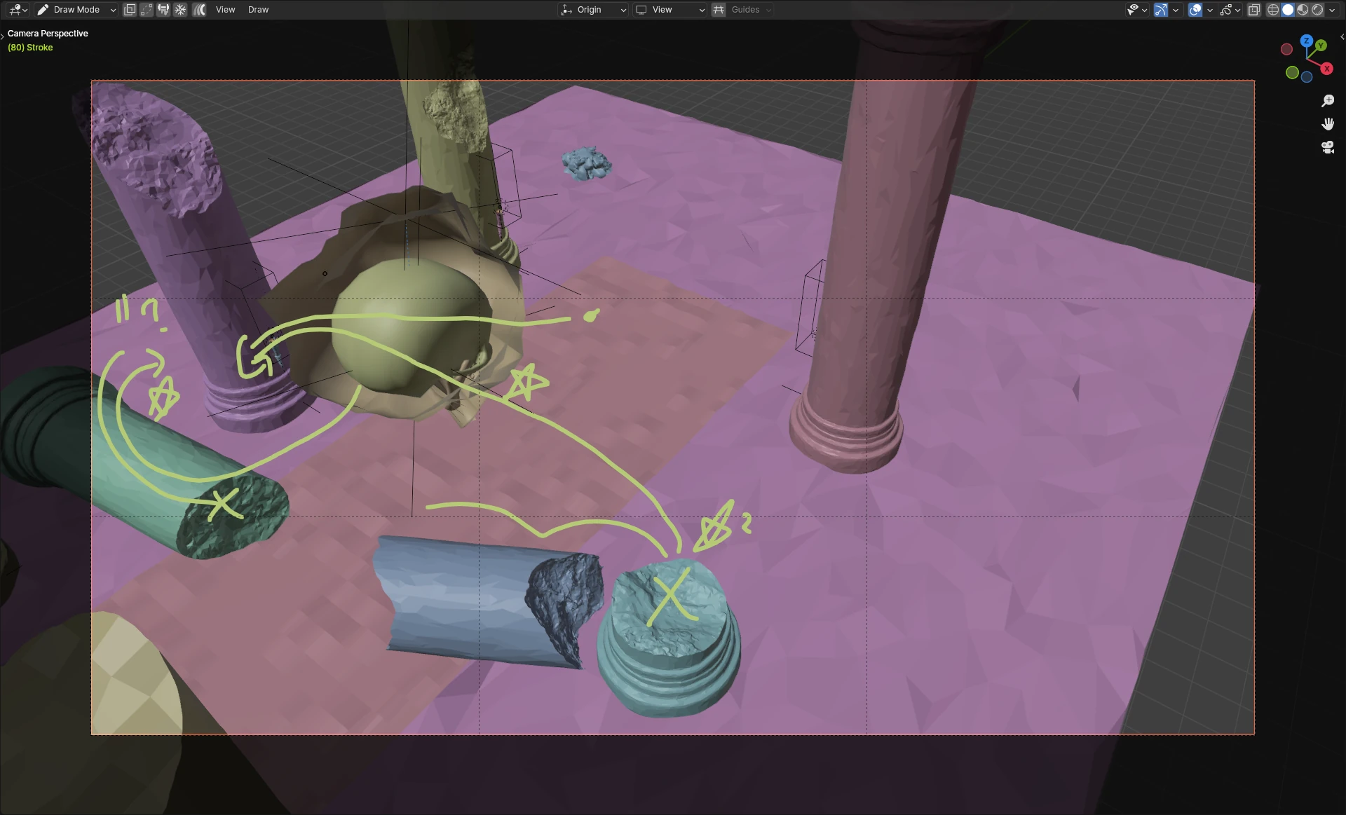 Screenshot of Blender's viewport. Grease pencil strokes annotate the planned animation for a shot.