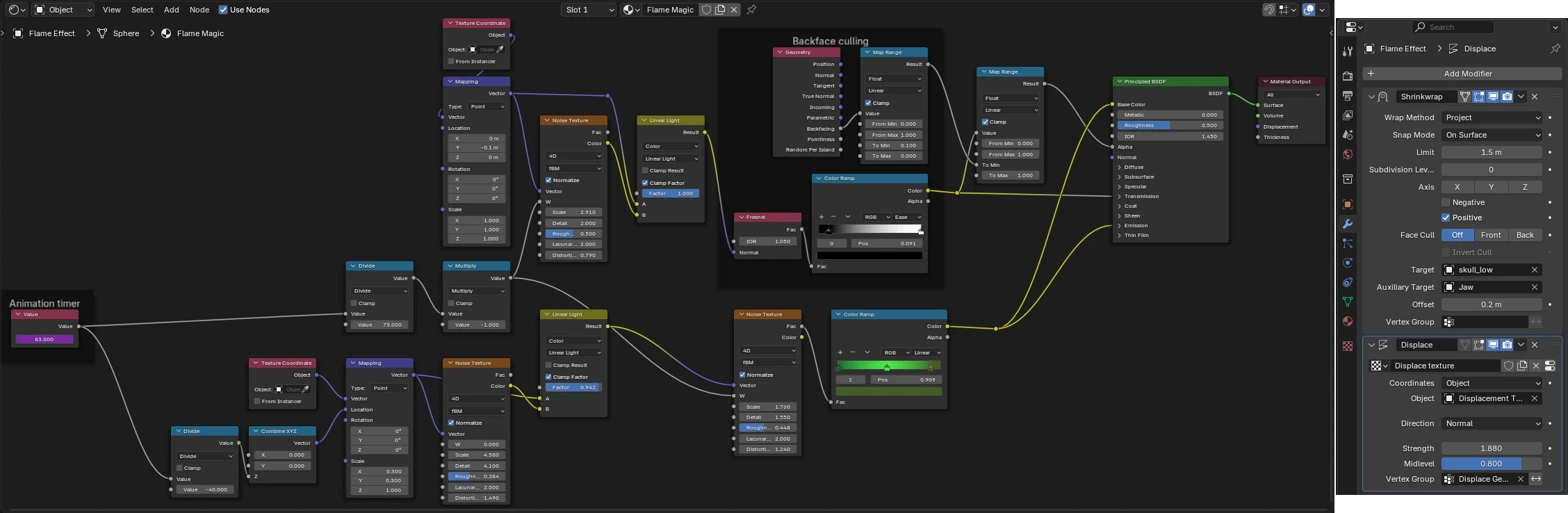 Screenshot of Blender showing the node tree and modifiers used to create a magical flaming aura