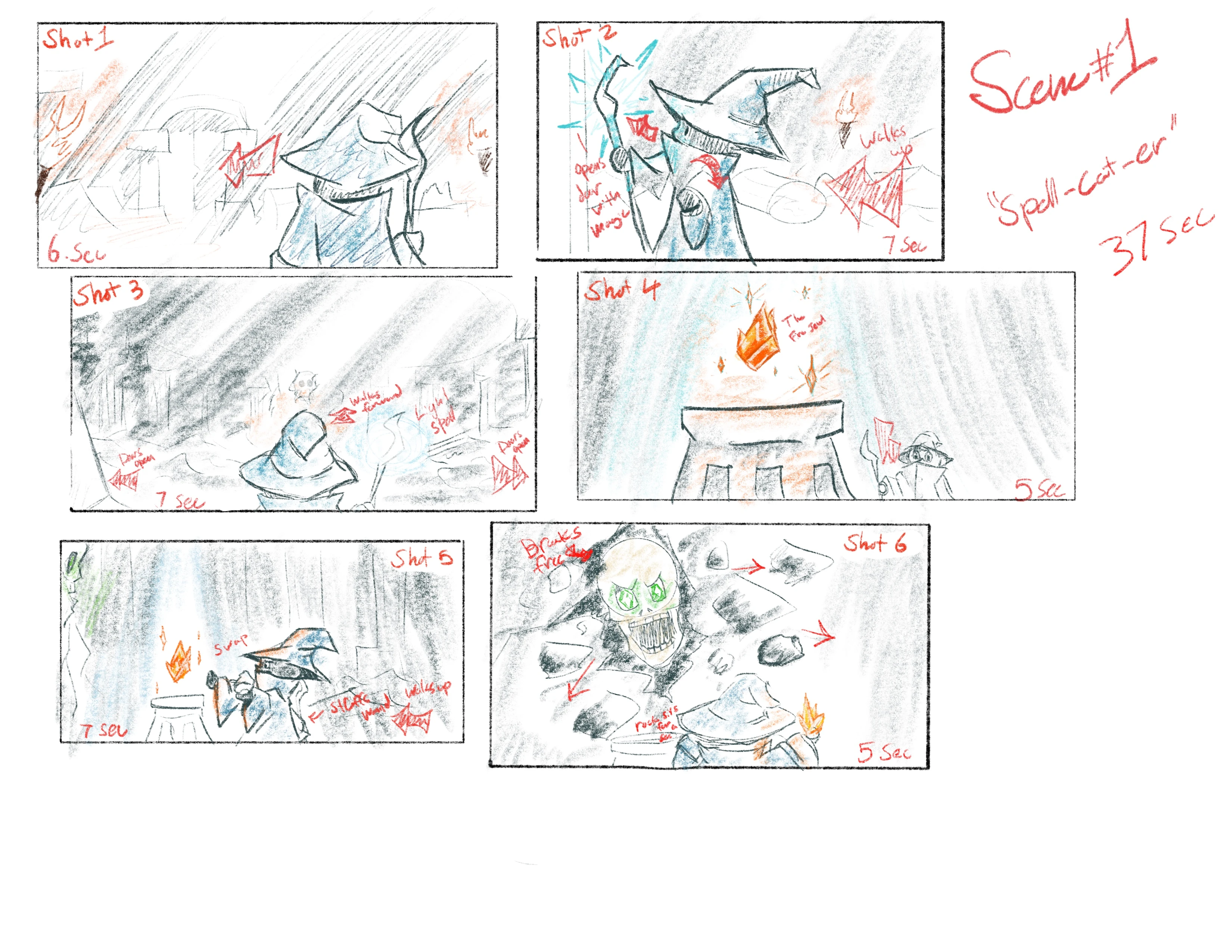 A Set of storyboards featuring a wizard approaching and stealing a macguffin from a pedestal.