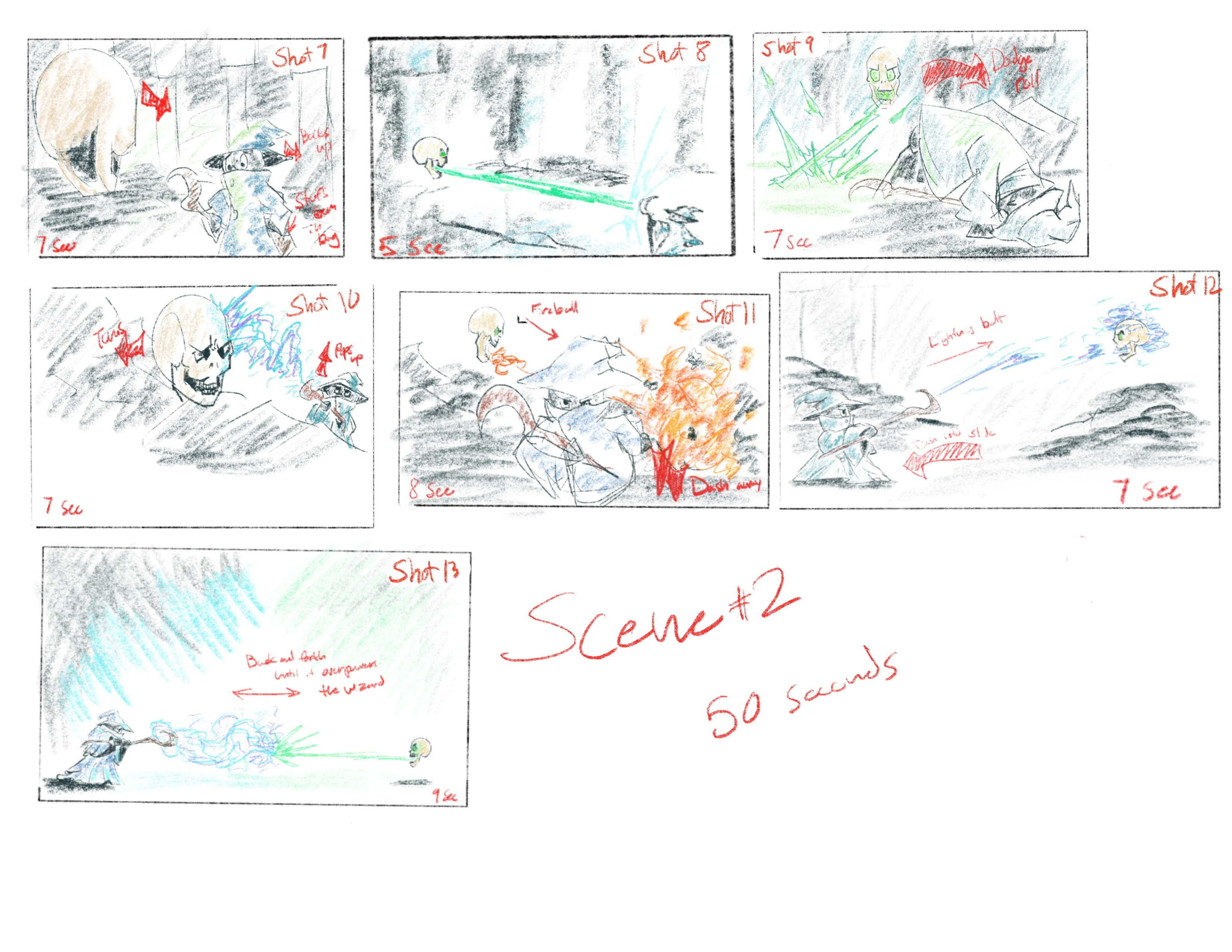 A Set of storyboards featuring a wizard fighting a demilich.