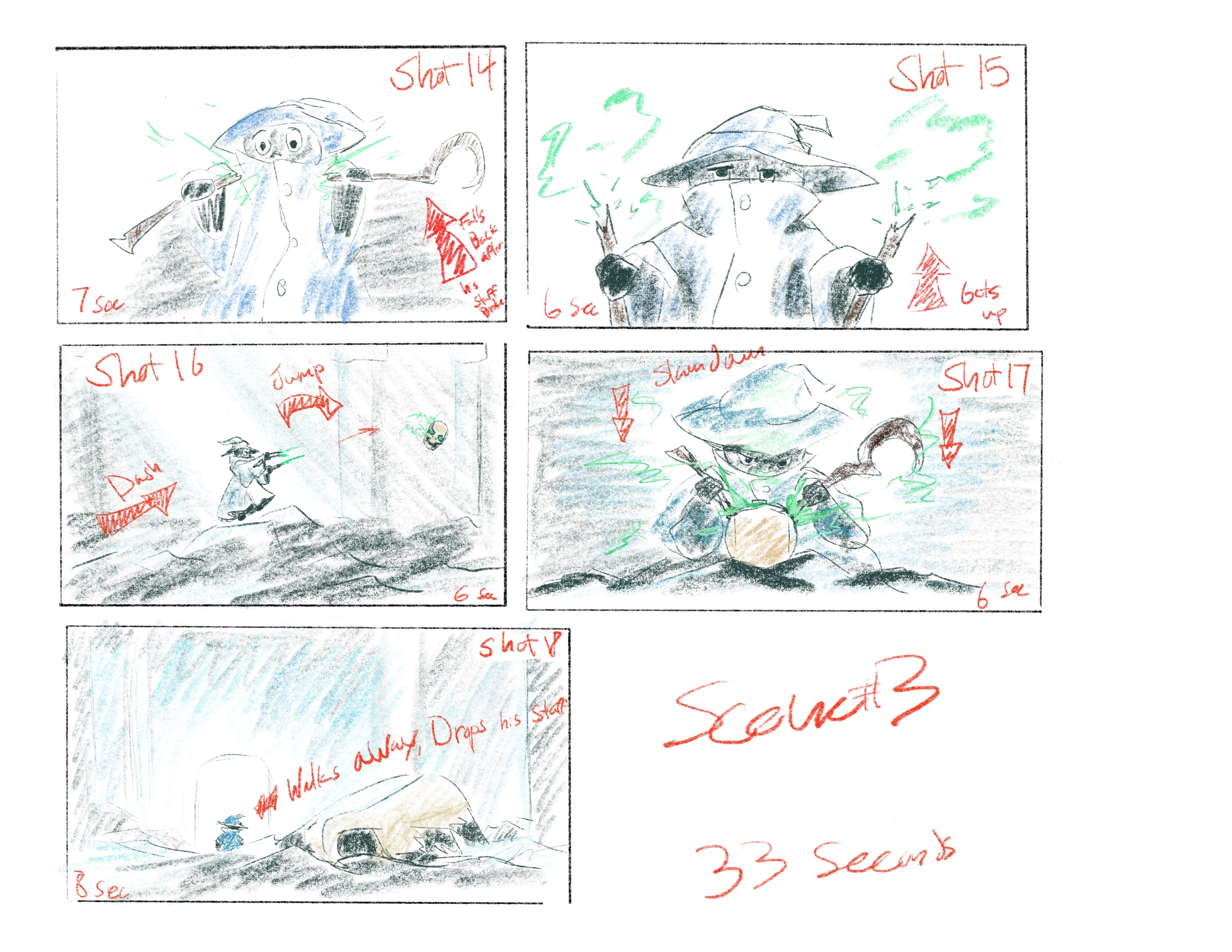 A Set of storyboards where a wizard's staff snaps in half, but he uses the halves to defeat the demilich.